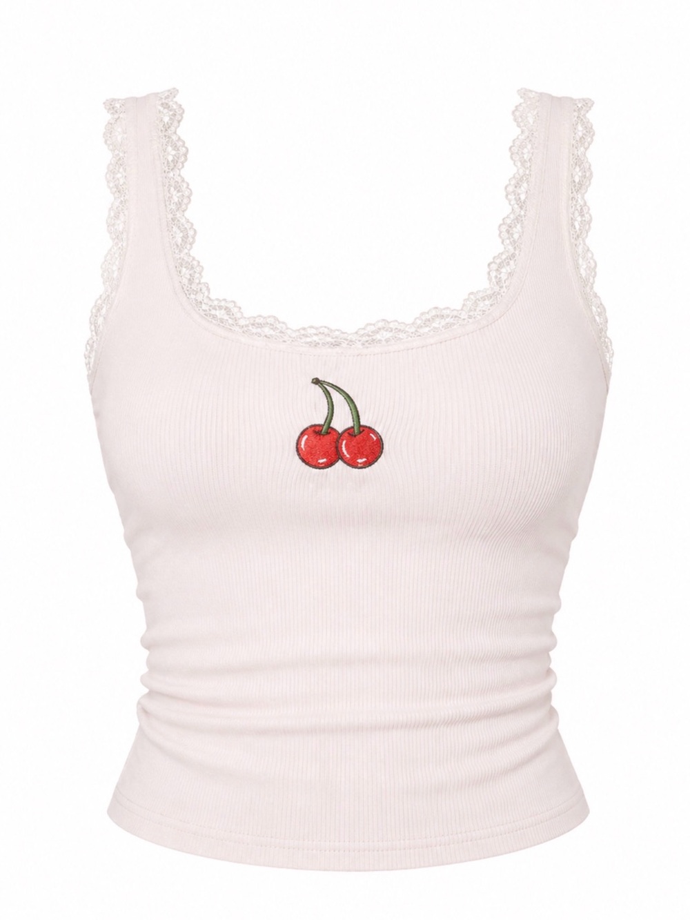 Lace-Trim Ribbed Tank with Cherry Patch - Light Pink